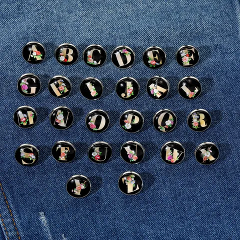 Round Initial Letter Brooch Alloy Vintage Floral Alphabet Badge Jewelry Accessory For Bags Clothes Hat Women Men