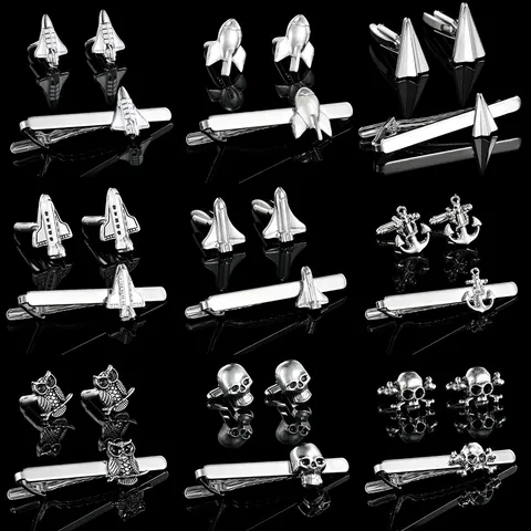 Men Business Alloy Tie Clip And Cufflinks Set Silver Anchor Space Shuttle Rocket Paper Plane Owl Skull Creative Jewelry