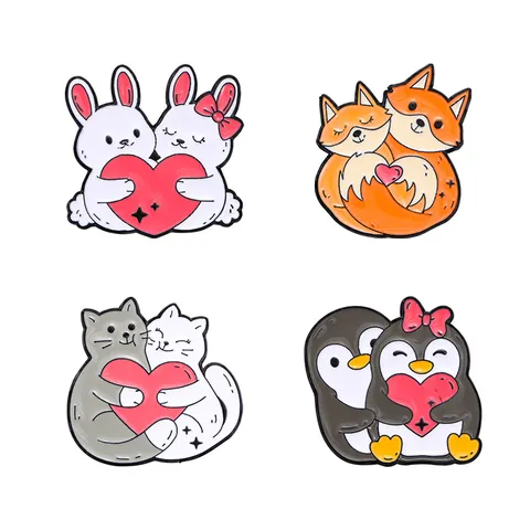 Kawaii Cartoon Animal Enamel Pin Alloy Cat Rabbit Fox Penguin Hugging Heart Brooch Badge Jewelry Gift For Backpack Clothing