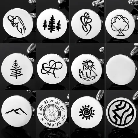 Stainless Steel Round Cufflinks For Men Business Wedding Shirt Accessories With Compass Mountain Pine Tree Pattern Silver