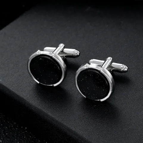 Boutons de Manchette Minimalistes Ronds Noirs en Quartz Fumé pour Hommes Alliage Électroplaqué Ton Argent Chemise Affaires Mariage