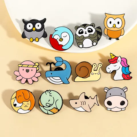 Cartoon Animal Enamel Brooch Pin Alloy Owl Snail Raccoon Octopus Badge Clothes Bag Jewelry Decoration Accessory Gift