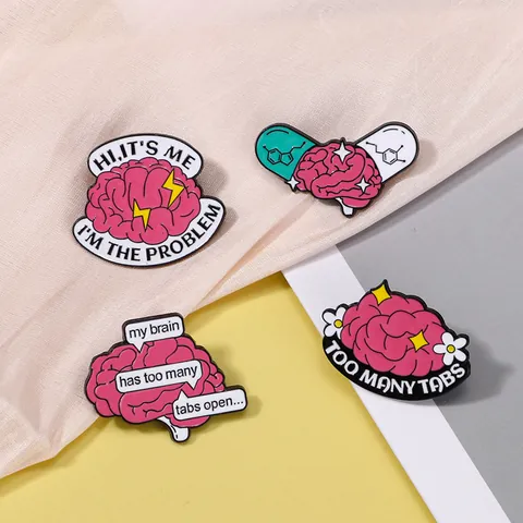 Broches en Émail de Cerveau Santé Mentale Alliage Citations Drôles Badges Créatifs pour Sacs à Dos Vestes Bijoux