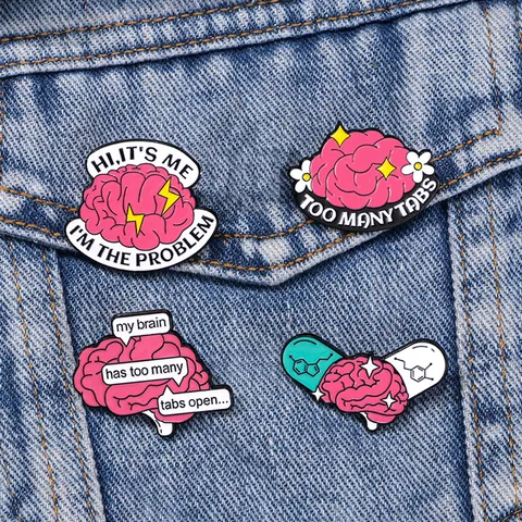 Broches en Émail de Cerveau Santé Mentale Alliage Citations Drôles Badges Créatifs pour Sacs à Dos Vestes Bijoux