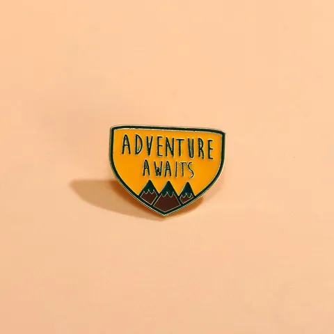 Adventure Awaits Mountain Enamel Pin Shield Shape Alloy Drip Oil Badge For Outdoor Travel Unisex Clothing Bag Jewelry Gift