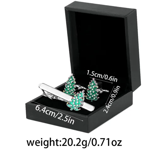 Men's Green Enamel Christmas Tree Tie Clip And Cufflinks Silver Tone Rhinestone Festive Business Suit Accessories