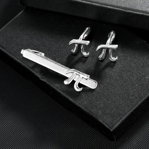 Ensemble Pince à Cravate Et Boutons de Manchette Homme Alliage Argent Symbole Pi Accessoires Chemise Motif Mathématique