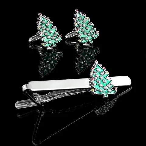 Fashion Alloy Christmas Tree Cufflinks Tie Clip Set Enamel Rhinestone Men Shirt Suit Accessories Gift Jewelry For Unisex