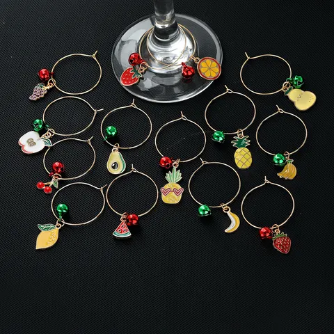 Dijes para Copas de Vino de Aleación de Fruta Esmaltada para Decoración Mesa Fiesta Navidad Anillo de Copa con Campana Regalo