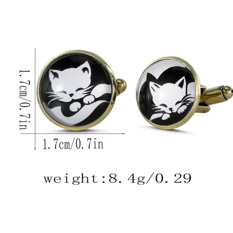 Heren Ronde Legering Kat Manchetknopen Verguld Glazen Koepel Schattig Zwart Wit Kittens Patroon Zakelijk Pak Accessoires
