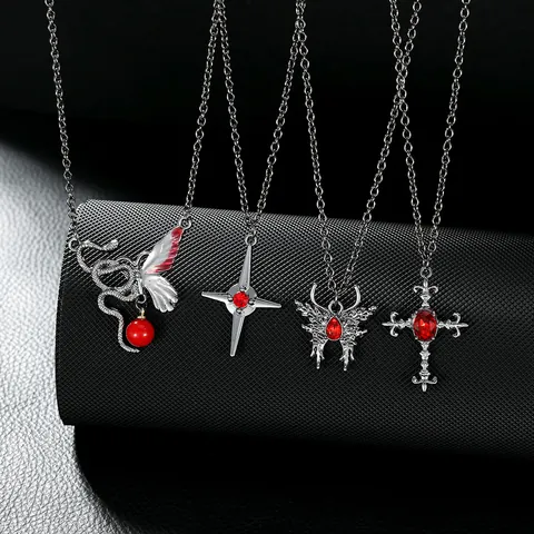 Gothic Dark Alloy Cross Rhinestone Pendant Necklace Retro Punk Snake Butterfly Heart Red Gemstone Earrings Halloween Jewelry