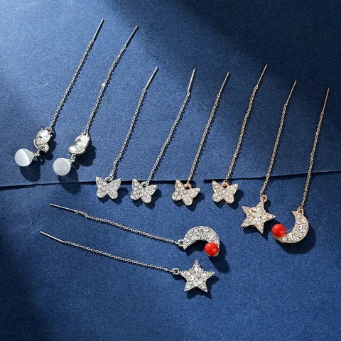 Elegant Alloy Rhinestone Long Tassel Drop Earrings For Women Fashion Geometric Bowknot Star Moon Ear Line Dangle Earrings Banquet Party Jewelry Gift