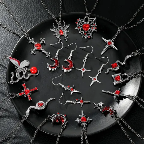 Gothic Alloy Snake Butterfly Cross Pendant Necklace With Red Heart Stone For Women Men Punk Hip Hop Halloween Jewelry Vintage Necklaces