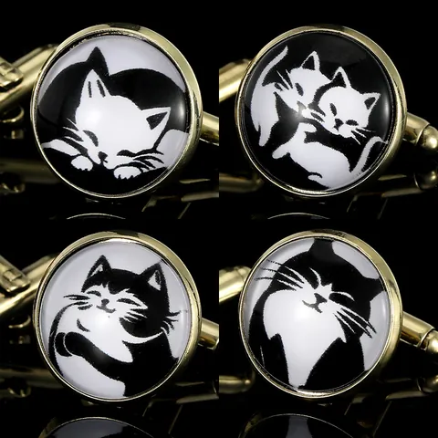 Heren Ronde Legering Kat Manchetknopen Verguld Glazen Koepel Schattig Zwart Wit Kittens Patroon Zakelijk Pak Accessoires