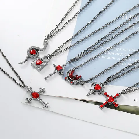 Gothic Dark Alloy Cross Rhinestone Pendant Necklace Retro Punk Snake Butterfly Heart Red Gemstone Earrings Halloween Jewelry
