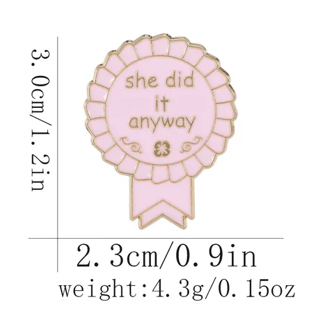 Inspirational Pink Enamel Rosette Medal Brooch Pin With She Did It Anyway Lettering Alloy Badge For Women Denim Jacket Decor