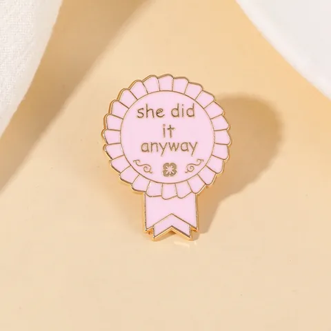 Inspirational Pink Enamel Rosette Medal Brooch Pin With She Did It Anyway Lettering Alloy Badge For Women Denim Jacket Decor