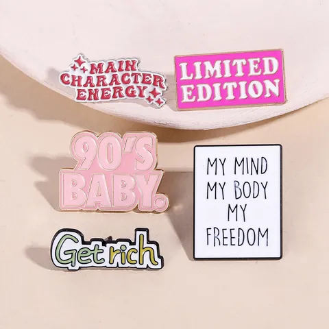 Trendy Alloy Enamel Brooch Pin Geometric English Slogan Typography Text Lettering Metallic Badge Accessories For Unisex Daily Clothes Bag Hat Decor