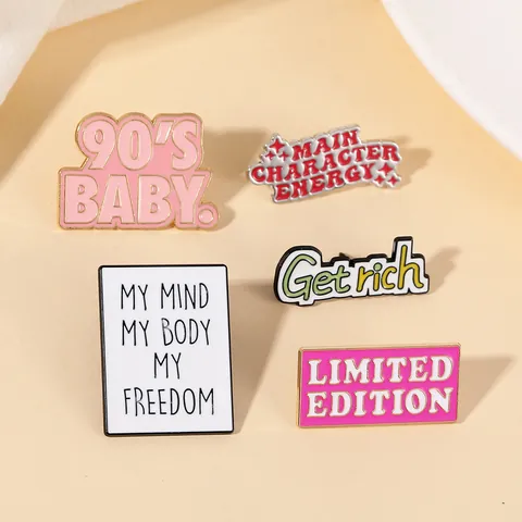 Trendy Alloy Enamel Brooch Pin Geometric English Slogan Typography Text Lettering Metallic Badge Accessories For Unisex Daily Clothes Bag Hat Decor