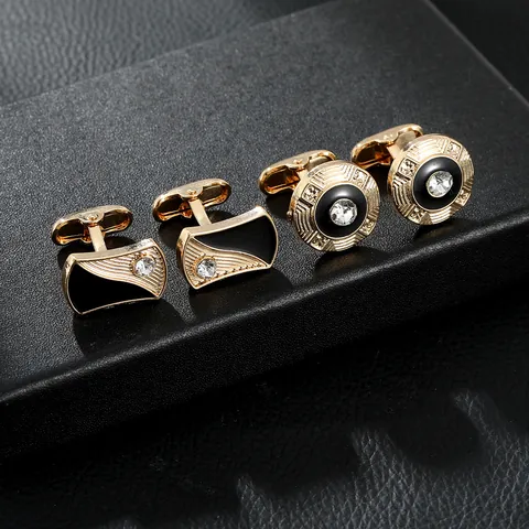 Men Business Alloy Cufflinks Tie Clip Luxury Geometric Rhinestone French Shirt Accessory Elegant Gold Black Men Suit Accessories