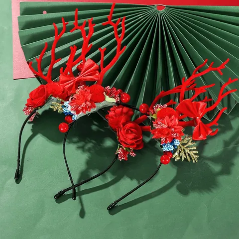 Festive Christmas Reindeer Antler Headband With Red Roses Bows Berries Gold Leaves Hair Hoop For Holiday Party Women Girls Accessories