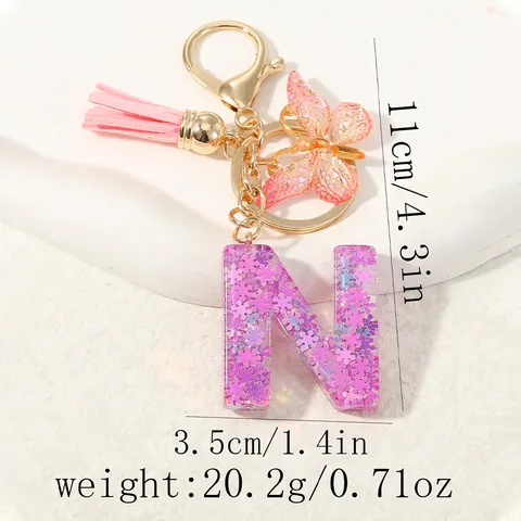 Purple Resin Alphabet Keychain With Pink Tassel Butterfly Charm Sequin Filled Letter Keyring For Women Purse Bag Decoration