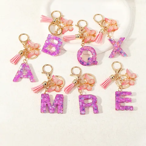 Purple Resin Alphabet Keychain With Pink Tassel Butterfly Charm Sequin Filled Letter Keyring For Women Purse Bag Decoration