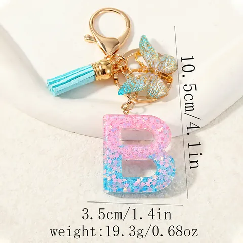 Alphabet Letter Keychain Resin Gradient Pink Blue Star Glitter Keyring With Hollow Butterfly Charm Tassel Bag Pendant Women Girls Gift