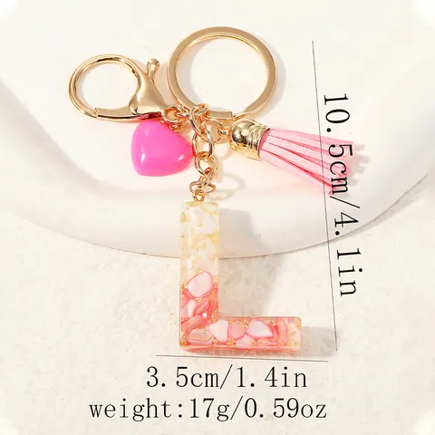 Resin Initial Letter Keychain With Pink Tassel And Heart Charm Gold Foil Shell Inlaid Alloy Key Ring For Women Bag Pendant