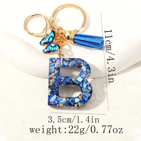 Alphabet Letter Resin Keychain With Blue Tassel Butterfly Charm Gold Alloy Clasp For Bags Car Keys Women Fashion Accessory