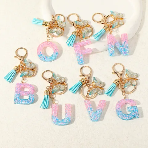 Alphabet Letter Keychain Resin Gradient Pink Blue Star Glitter Keyring With Hollow Butterfly Charm Tassel Bag Pendant Women Girls Gift