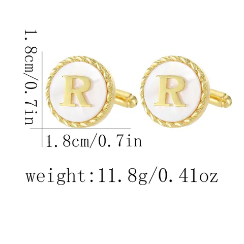 Round Gold Plated Copper Alphabet Cufflinks With Mother Of Artificial Pearl Texture Letter Initial Mens French Shirt Business Accessory