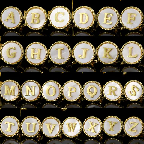 Round Gold Plated Copper Alphabet Cufflinks With Mother Of Artificial Pearl Texture Letter Initial Mens French Shirt Business Accessory