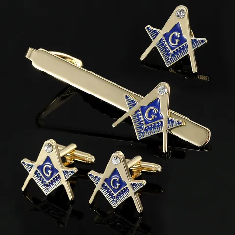 Maçonnieke Passer Winkelhaak Letter G Manchetknopen Dasspeld Reversspeld Set Goud Blauw Emaille Heren Zakelijke Accessoires
