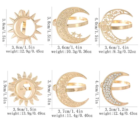 European Gold Metal Napkin Rings Sun Moon Star Hollow Out Rhinestone Napkin Buckle For Holiday Party Table Decoration Home