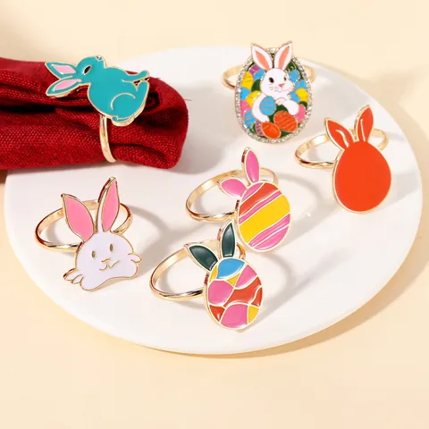 Easter Bunny Napkin Rings Alloy Enamel Colorful Rabbit Easter Egg Napkin Buckles Gold Metal Table Decoration For Holiday Party