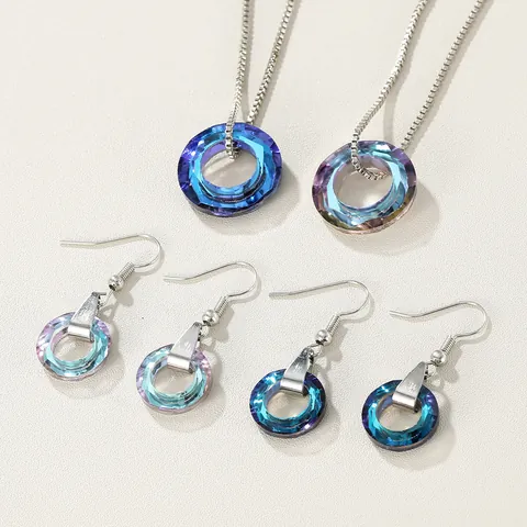 Iridescent Faceted Crystal Circle Pendant Necklace Drop Earrings For Women Elegant Alloy Silver Plated Universe Ring Jewelry Accessory