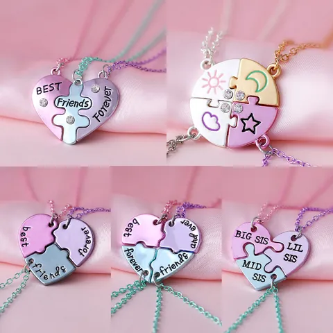 Halsketten-Set Legierung Herz-Puzzle-Anhänger Für Beste Freunde Forever Big Mid Lil Sis Freundschaft Schmuck Emaille Strass Halsketten Geschenk Damen Mädchen