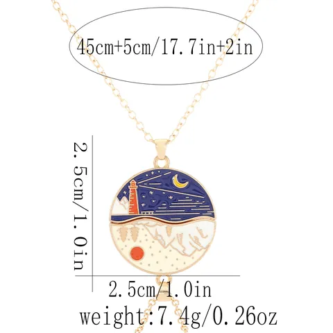 Cute Cartoon Splicing Couple Pendant Necklace Set Alloy Enamel Sun Moon Cat Rose Mountain Lighthouse Jewelry For Friends Gift