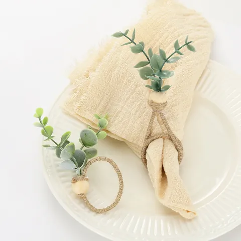 Portatovaglioli Artigianali Foglia di Eucalyptus Con Perle di Legno Corda di Canapa Rustici Nordici per Matrimonio Hotel Casa Decorazione Tavola