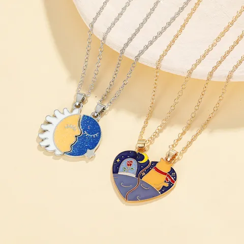 Cute Cartoon Splicing Couple Pendant Necklace Set Alloy Enamel Sun Moon Cat Rose Mountain Lighthouse Jewelry For Friends Gift
