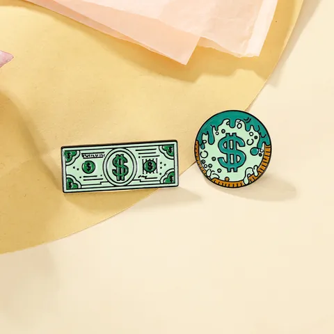 Enamel Pin Brooch Green Melting Dollar Sign Banknote Money Shape Zinc Alloy Gift For Clothing Accessories Unisex