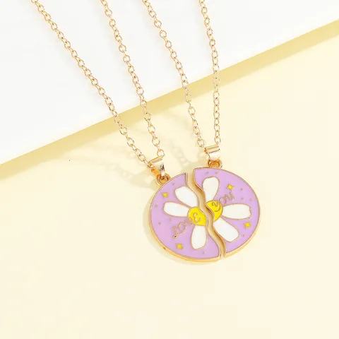Damen Herren Partner Bestie Lila Gänseblümchen Emaille Puzzle Herz Anhänger Halsketten Love You Buchstabe Legierung Goldkette Schmuck Geschenk
