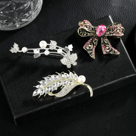 Broche de Aleación de Lujo con Strass para Mujer Vintage Espiga de Trigo Mariposa Lazo Perla Artificial de Imitación Elegante Joyería de Boda