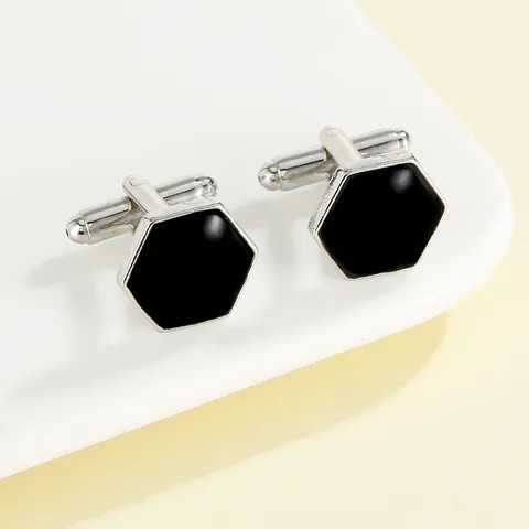 Herren Sechseck Business Manschettenknöpfe Schwarz Polierte Oberfläche Silberton Legierung Formelle Hemdzubehör Schmuck Geschenk