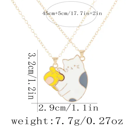 Cute Cartoon Cat and Mouse Splicing Necklace Set Gold Plated Alloy Enamel Pendant Matching Couple Jewelry for Best Friends