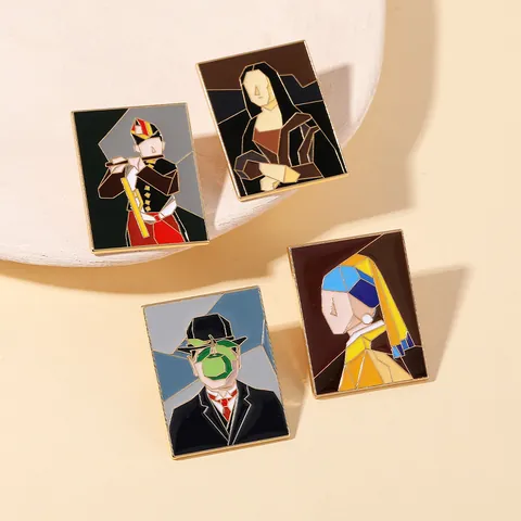 Abstract Geometric World Famous Painting Enamel Pin Mona Lisa Girl Artificial Pearl Earring Son of Man Fifer Artistic Brooch Decor