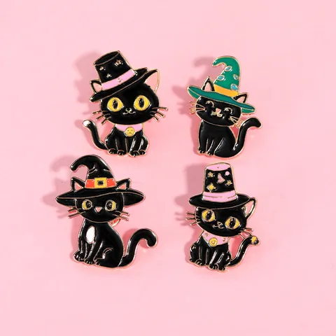 Halloween Cute Magic Cartoon Black Cat Enamel Brooch Alloy Gold Plated Witch Hat Animal Badge Jewelry Gift For Women Men