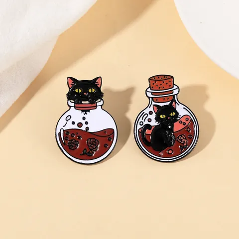 Cartoon Black Cat Potion Bottle Enamel Pin Alloy Brooch With Magic Bottle Rose Design Fashion Badge For Clothing Bag Decor