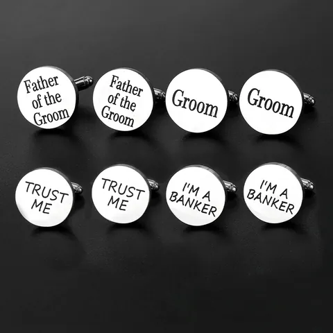 Stainless Steel Round Cufflinks For Men Wedding Business Shirt Letter Engraved Groom Best Man Groomsman Accessories